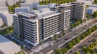 Architectural visualization of the apartment blocks and commercial frontage beside the main road.