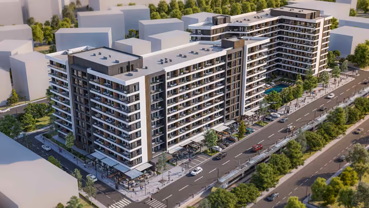 Architectural visualization of the apartment blocks and commercial frontage beside the main road.