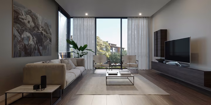 Architectural rendering of lounge overlooking landscaped grounds in Gaziemir, Izmir.