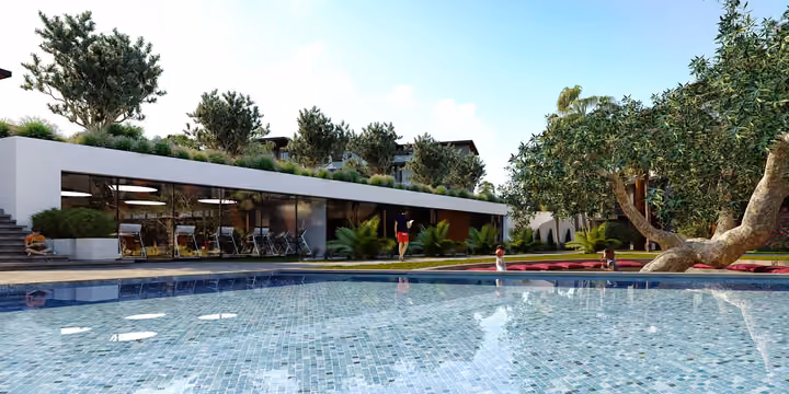 Architectural rendering of poolside leisure pavilion beside trees in Gaziemir, Izmir.