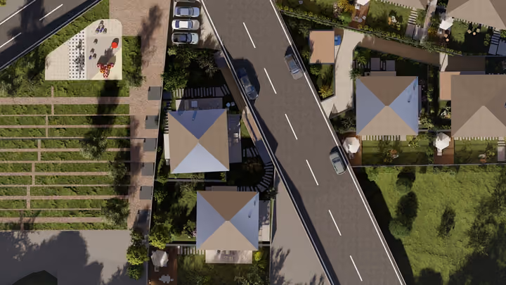An overhead view of villas, roads, planted strips and a play area. Architectural render supplied in the project source folder; it illustrates the proposed design.