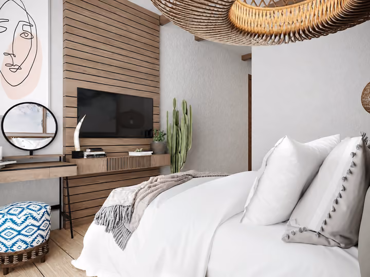 Architectural rendering of bedroom with timber television wall and dressing console in Alacati, Cesme.