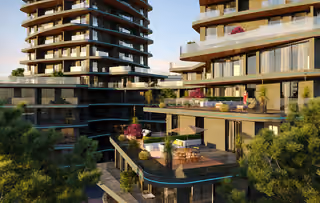 Architectural rendering of landscaped terraces between the buildings.