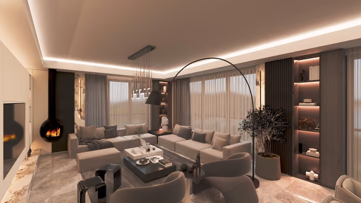 A furnished living room with sofas, a coffee table and a suspended fireplace. Architectural render supplied in the project source folder; it illustrates the proposed design.