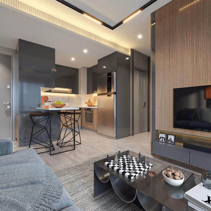 Interior visualisation of an open-plan living room and kitchen.