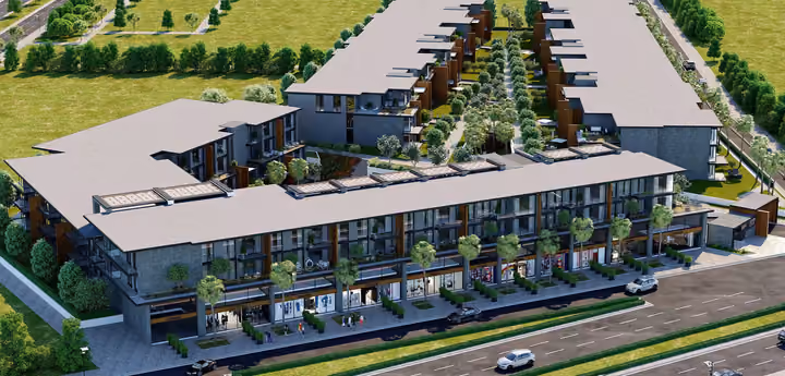 Architectural rendering of street frontage and low rise apartment wings in Gaziemir, Izmir.