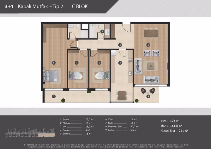 Published example floor plan showing three bedroom separate kitchen apartment plan.