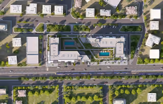 Developer site-plan illustration showing the residential blocks, landscaped courtyards and shared pools.