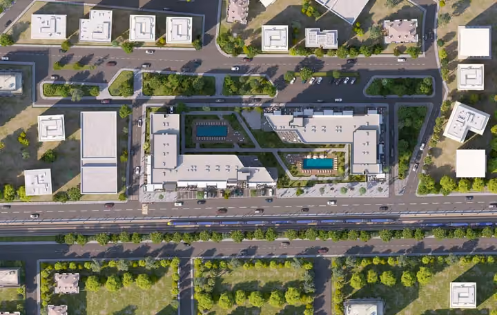 Developer site-plan illustration showing the residential blocks, landscaped courtyards and shared pools.