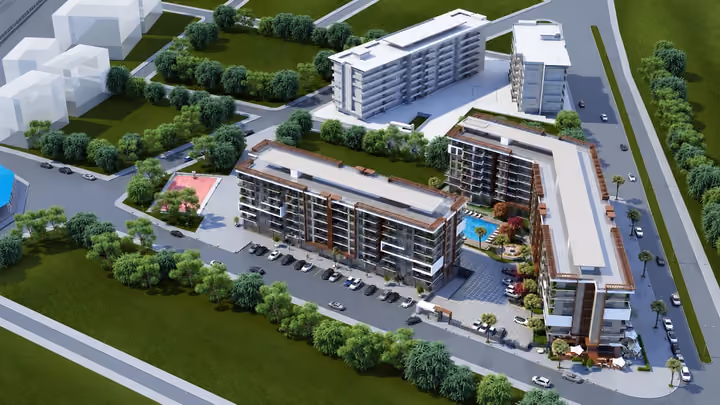 Architectural aerial rendering showing the residential site, pool courtyard and surrounding streets.