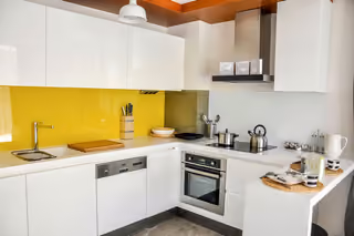Modern kitchen with white cabinetry and yellow splashback.