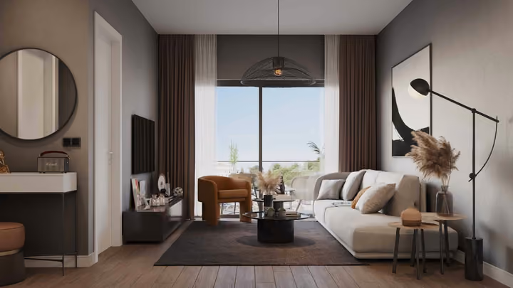 Developer interior visualization of a furnished living room with full-height balcony glazing.
