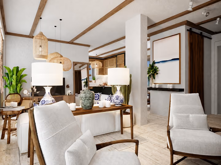 Architectural rendering of armchair sitting area beneath the double-height ceiling in Alacati, Cesme.