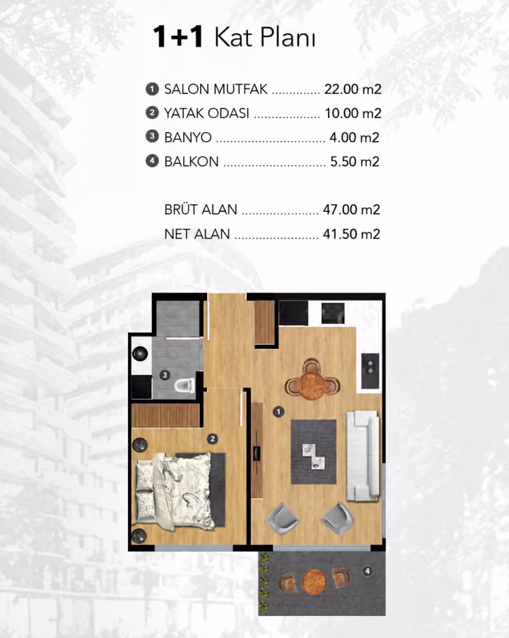 Published floor plan showing one-bedroom floor plan with one bathroom.