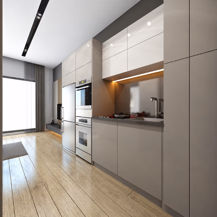 Interior rendering of a fitted kitchen with white cabinetry and built-in appliances.