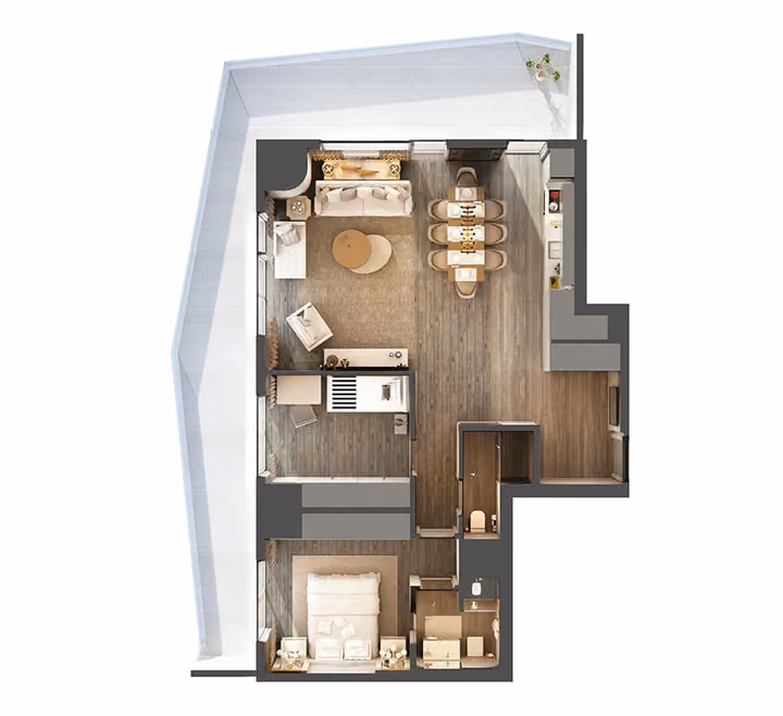 Two bedroom apartment floor plan with terrace.