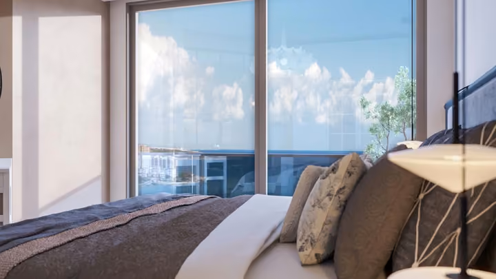 Interior rendering of a bedroom beside balcony glazing
