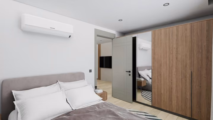 Interior visualisation of a bedroom with built-in storage.