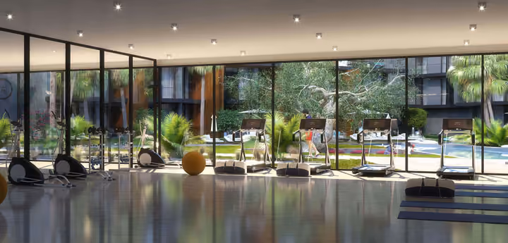 Architectural rendering of fitness room facing landscaped outdoor areas in Gaziemir, Izmir.