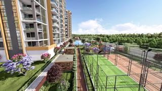 Rendering of landscaped paths and outdoor sports courts beside the residential building