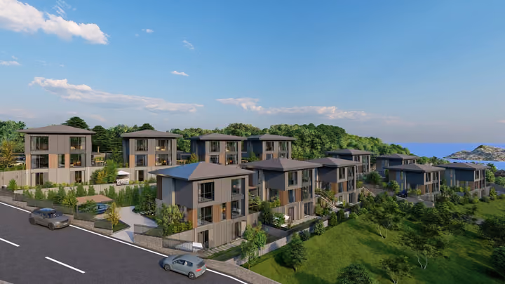 A wide elevated view of villas, internal roads and planted gardens. Architectural render supplied in the project source folder; it illustrates the proposed design.