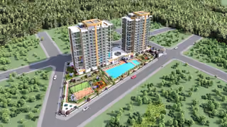 Aerial rendering of the towers, outdoor pool and landscaped site