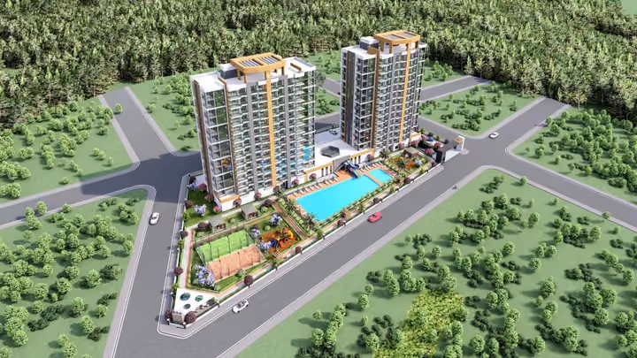 Aerial rendering of the towers, outdoor pool and landscaped site