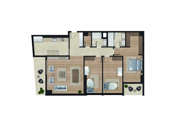 Original catalogue floor-plan illustration for a 3-bedroom apartment with two bathrooms, 121.77 square metres net and 136.00 square metres gross area. Some layouts also have a separate guest WC.