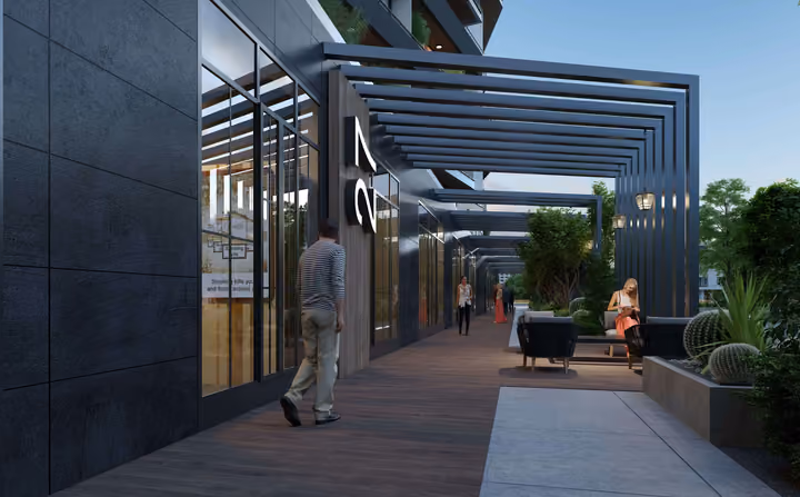 Architectural rendering of covered pedestrian arcade.