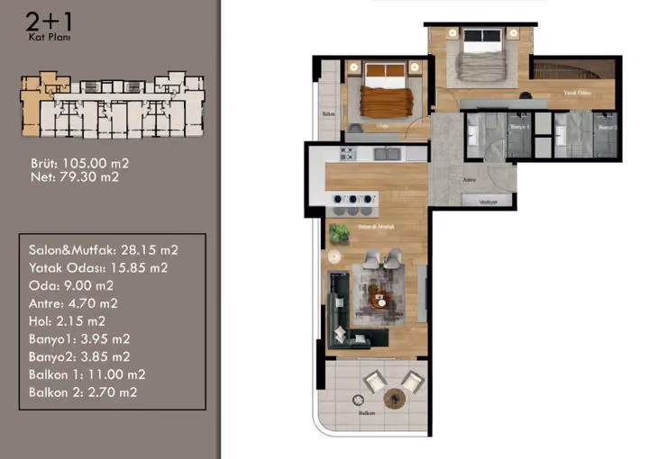 Two-bedroom floor plan with 105 square metres gross area and two bathrooms.