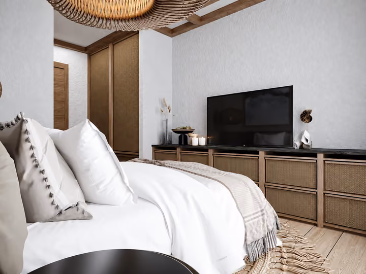 Architectural rendering of bedroom seating side and television cabinet in Alacati, Cesme.