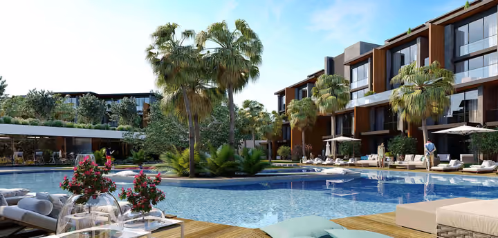 Architectural rendering of outdoor pool beside planted residential balconies in Gaziemir, Izmir.