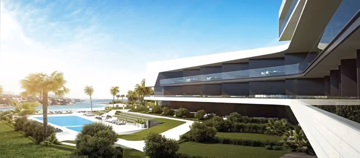 Architectural visualization of a ground-level garden, terrace and overhanging balcony.