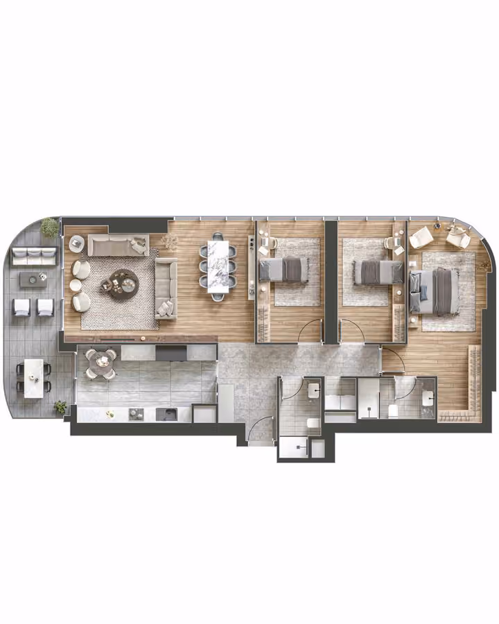 Developer floor-plan illustration of a three-bedroom single-level apartment.