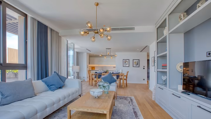 Furnished living room with built in shelving in Boyalik, Cesme.