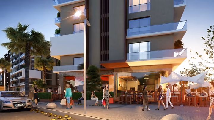 Architectural rendering of a street level cafe terrace beside the residential building.