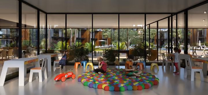 Architectural rendering of indoor children playroom facing the gardens in Gaziemir, Izmir.