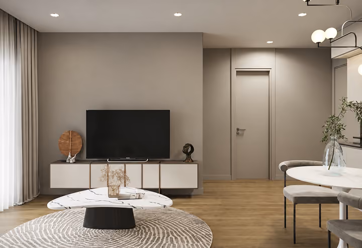 Interior visualization of the living and dining area with a television console and round coffee table.