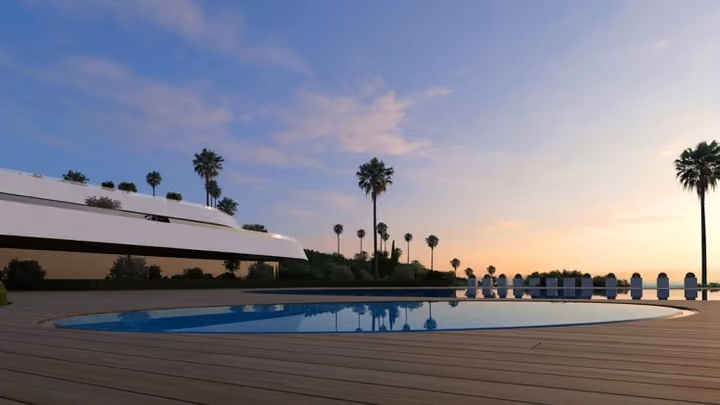 Architectural visualization of the pool and surrounding deck at sunset.