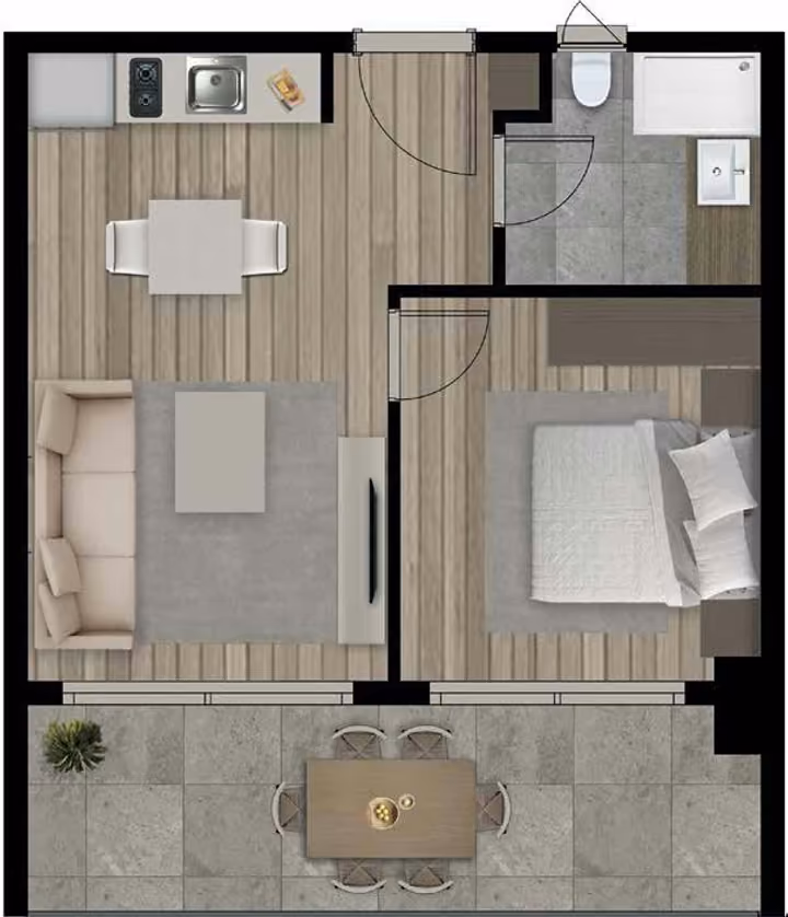 Developer floor-plan illustration of a one-bedroom type A apartment with one bathroom.