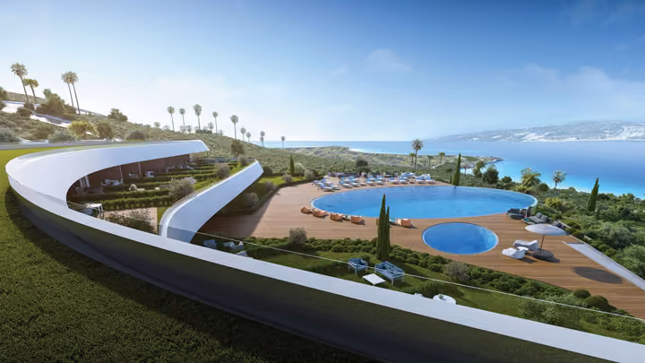 Architectural visualization of the shared swimming pool, sun loungers and sea beyond.