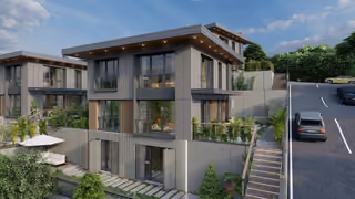 A villa facade beside a sloping road, garden and outdoor steps. Architectural render supplied in the project source folder; it illustrates the proposed design.