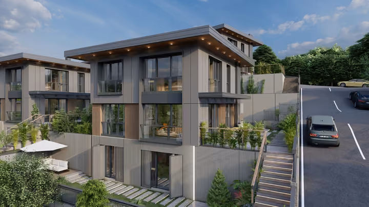 A villa facade beside a sloping road, garden and outdoor steps. Architectural render supplied in the project source folder; it illustrates the proposed design.