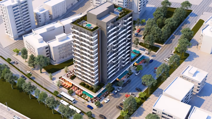 Aerial rendering of the tower, ground-floor shops and surrounding streets.