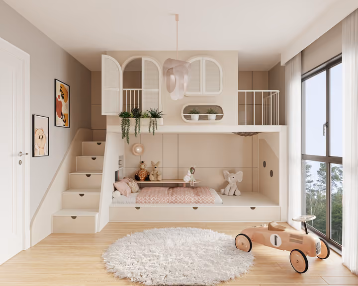 Interior rendering illustrating a childrens room with a raised sleeping platform, stairs, storage and play furniture in Zekeriyakoy.