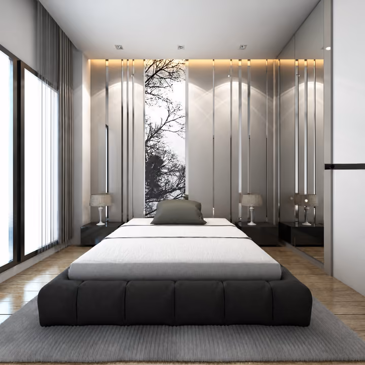 Interior rendering of a bedroom with bedside lighting and glazed doors.