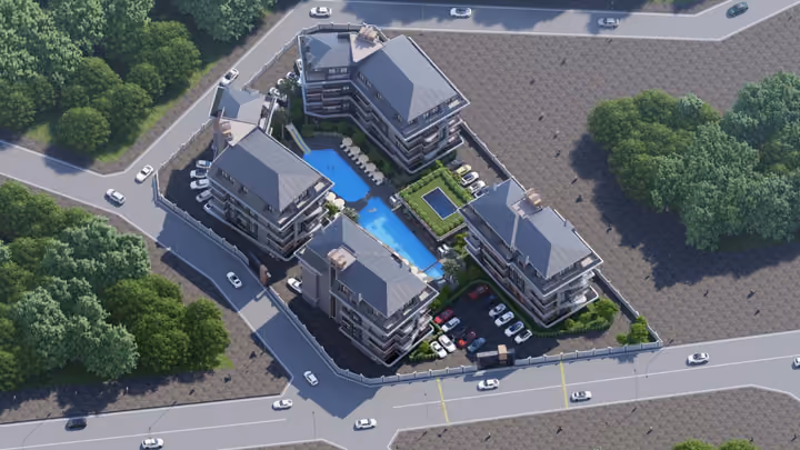 Architectural rendering of four residential blocks around a central pool