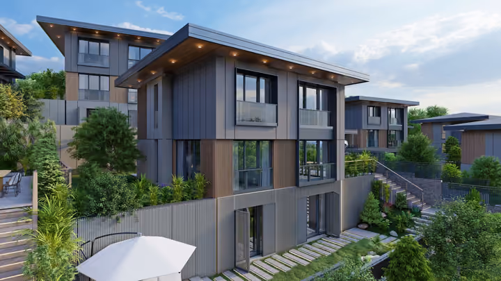 A multilevel villa with broad windows, planted terraces and outdoor steps. Architectural render supplied in the project source folder; it illustrates the proposed design.