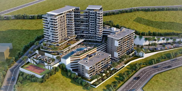 Site overview architectural rendering in Narlidere, Izmir