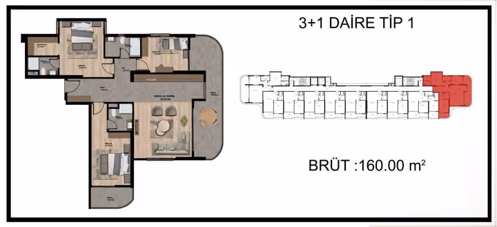 The offered three-bedroom plan labels 160 square meters gross and shows three full bathrooms and two balconies.